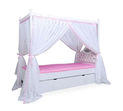 Romantisches Himmelbett Anastasia 90x200 in rosa mit Bettschubkasten und Vorhang
