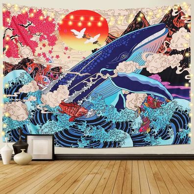Japanischer Ukiyo-e-Wandteppich, Wellenmeer, Koi-Wandteppich, großer Wal, Tier, Sonn
