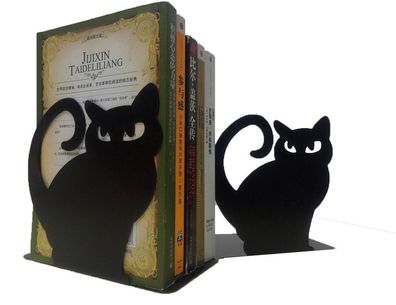 1 Paar dekorative Buchstützen aus schwarzem Metall mit persischer Katze