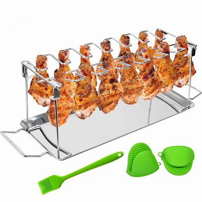 Faltbarer Grill-Hähnchenschenkelhalter aus Edelstahl mit Platz für 14 Hähnchenschenke