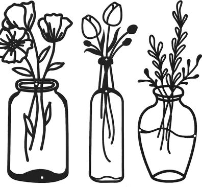 3 Stück Metall-Blumen-Wanddekoration, minimalistische Vase, schwarze Tulpe, Draht-Wan
