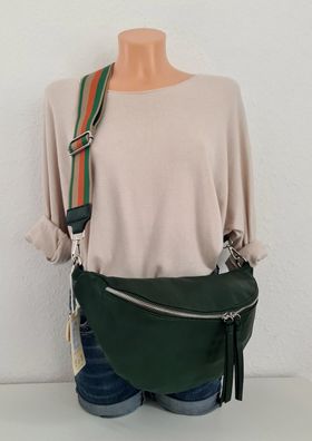 Große Bauchtasche Gürteltasche Kunstleder Cross Body Bag mit 2 Riemen Dunkelgrün