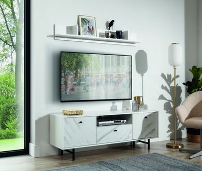 TV Lowboard Wandregal Vera I Wohnzimmer-Set Marmor Design Softclose weiss/ schwarz