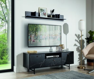 TV Lowboard Wandregal Vera I Wohnzimmer-Set Marmor Design Softclose schwarz