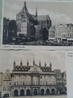 2 sehr alte Postkarten AK KF Rostock Alter Markt Rathaus Echt Fotografie