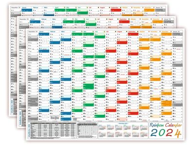 3x Rainbow Wandkalender DIN A2 2024 gerollt Wandplaner inkl. Ferien & Feiertage