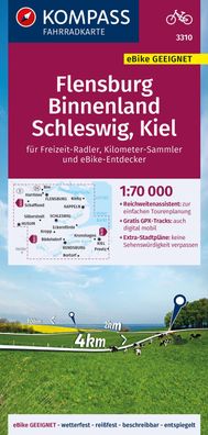 Kompass Fahrradkarte 3310 Flensburg Binnenland, Schleswig, Kiel 1:70.000: r ...