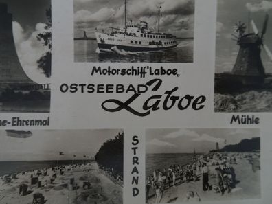 sehr alte Postkarte AK KF Motorschiff Laboe Ostseebad Marine Ehremal Mühle Strand