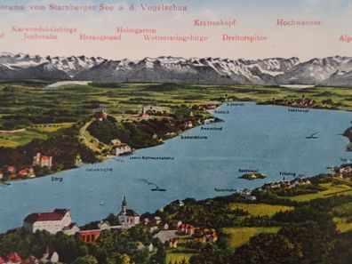 sehr alte Postkarte AK KF Starnberger See Vogelschau Panorama Lorenz Fränzl