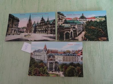 3 sehr alte Postkarten AK KF Wiesbaden Schloßplatz Rathaus Kochbrunnen