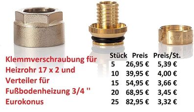 Klemmverschraubung für Heizrohr 17 x 2 und Verteiler für Fußbodenheizung 3/4 ´´