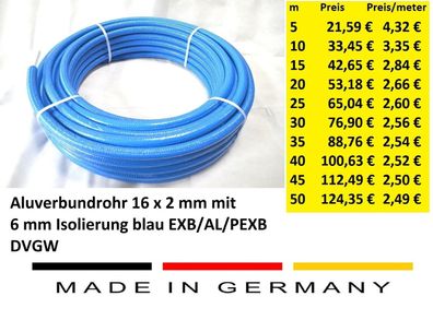 H2O-Flex Aluverbundrohr, Mehrschichtverbundrohr, 6 mm Isolierung blau, 16 x 2 mm