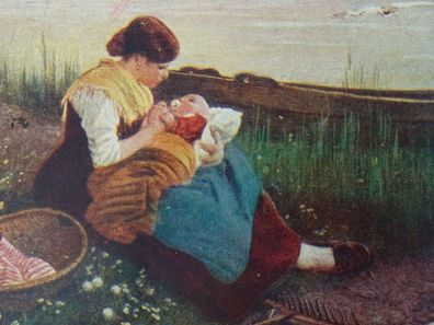 alte Postkarten AK KF Soldatenpost 1919 C Raupp Schlaf ein Mutter Baby am See