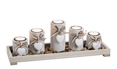 Teelicht Halter Deko Set 7-teilig mit Tablett - antik weiß - Tisch Kerzen Ständer