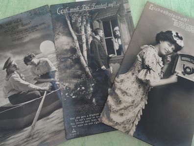 3 sehr alte Postkarten AK KF 1911/14 Liebesbotschaft Fensterl auf wie ist´möglich