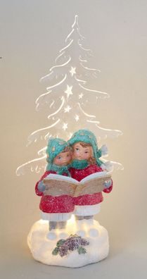 Deko Winterkinder Paar Acryl Tanne LED + Timer Kind Junge Mädchen Skulptur Figur