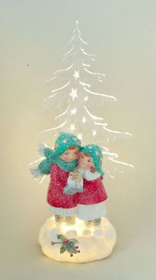 Deko Winterkinder Paar Acryl Tanne LED + Timer Kind Junge Mädchen Skulptur Figur