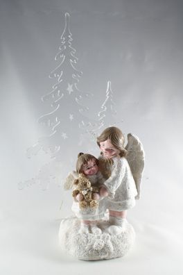 Deko Engel mit Kind Teddy Bär Acryl Tanne LED Schutzengel Elfe Skulptur Figur