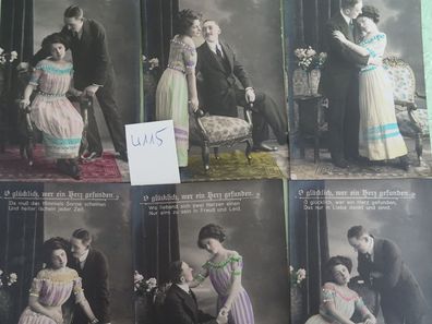 6 alte Postkarten AK glücklich wer ein Herz gefunden Spruch Vers Liebespaar 1912