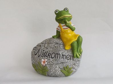Frosch auf Stein Garten Deko Tier Figur Lurch Gecko Drache Skulptur Statue Blume