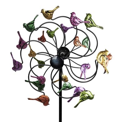 Gartenstecker doppel Windrad Metall Vögel Windmühle Windspiel Garten Deko Figur