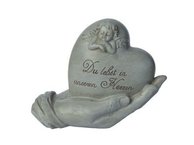 Grabschmuck Herz in Hand mit Engel Grabdeko Gedenkstein Grab Deko Skulptur Figur
