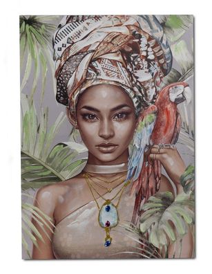 Wanddeko Wandbild Leinwandbild Afrikanerin mit Papagei Vogel Deko Bild Frau Dame
