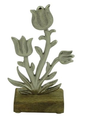 Deko Metall Blume auf Holz Sockel Figur Objekt Skulptur Metallblume Tulpe Rose