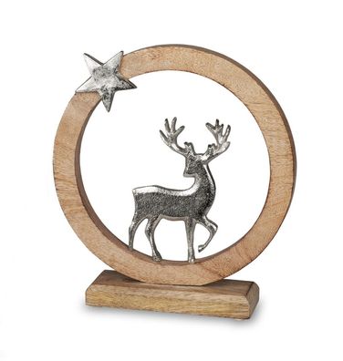 Deko Metall Hirsch im Holz Kreis mit Stern auf Sockel Rentier Reh Figur Skulptur