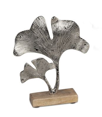 Deko Metall Gingkoblatt auf Holz Sockel Figur Skulptur Objekt Baum Blatt Blätter