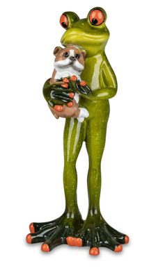Deko Frosch Mann mit Hund Bulldogge Lurch Gecko Echse Mops Figur Skulptur König