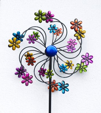 Gartenstecker doppel Windrad Blumen Windmühle Metall Windspiel Garten Deko Figur
