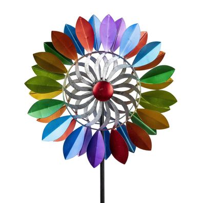 Gartenstecker doppel Windrad Windmühle Metall Blätter Windspiel Blume Deko Figur