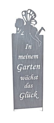 Gartenstecker Gartenschild mit Spruch Deko Metall Schild mit Elfe Figur Skulptur