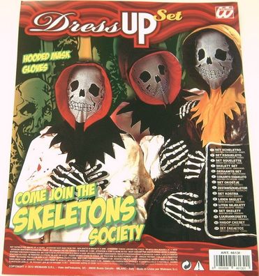 Skelett Set Maske mit Kapuze Handschuhe Kostüm Halloween Karneval Geist Monster