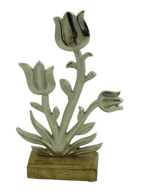 Deko Metall Blume auf Holz Sockel Figur Skulptur Objekt Metallblume Rose Tulpe