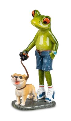 Frosch Mann mit Hund Bulldogge Deko Tier Figur Skulptur Lurch Froschkönig Gecko