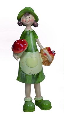 Wichtel Deko Figur Mädchen Kind mit Pilz Fliegenpilz Korb Garten Skulptur Zwerg