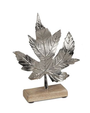 Deko Metall Ahornblatt auf Holz Sockel Figur Skulptur Objekt Baum Blatt Blätter