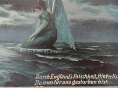 alte Postkarte Krieg signiert Durch Englands Falschheit SMS U29 Engel Rettungsring
