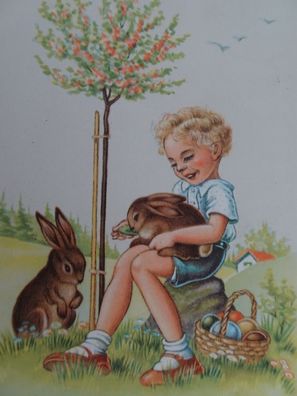 alte AK Postkarte G Lambert Recht frohe Ostern1961 Kind Hasen Ostereier