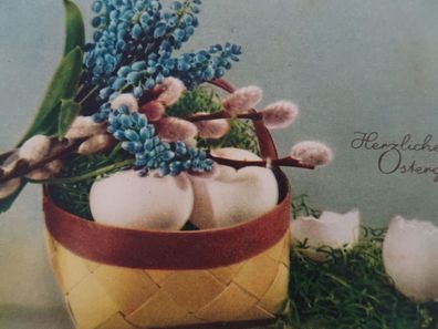 alte AK Postkarte 1955 Herzliche Ostergrüße Weidenkätzchen Osternest