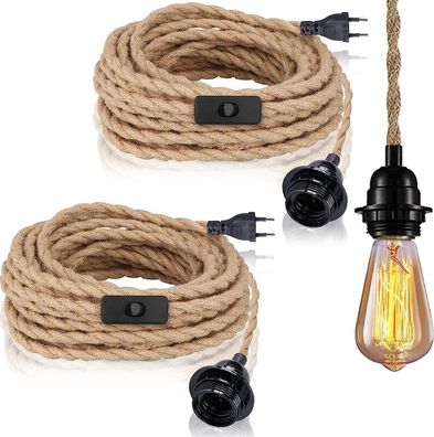 Lampe 2er-Pack Pendelleuchten mit Schalter, Hanfseil mit 4,5 m Kabel, E27-Fassung