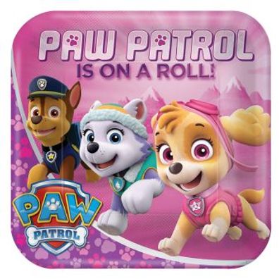 Paw Patrol Pink - 8 quadratische Partyteller 23 cm
