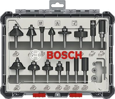 Bosch Professional Universal Fräser Set Mixed Werkzeug Holz Oberfräse 15-teilig