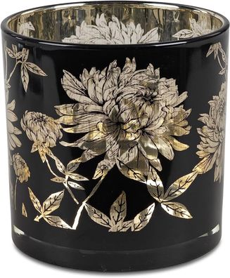 Windlicht Blume | schwarz Gold Design | Glaswindlicht Glas Teelichthalter | 15cm
