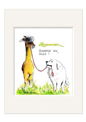 Bild Alpaka mit Hund | Zusammen schaffen wir | Kunstdruck Passepartout | 30 cm