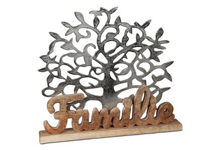Schriftzug Familie mit Lebensbaum Holz Aluminium | Dekofigur Dekoobjekt | cm