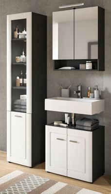 Badmöbel Set Waschbeckenunterschrank Spiegelschrank Schrank weiß und grau Lago