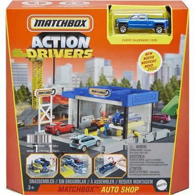Mattel HDL34 - Matchbox - Action Drivers - Werkstatt Spielset mit 1 Fahrzeug und 2 Fi
